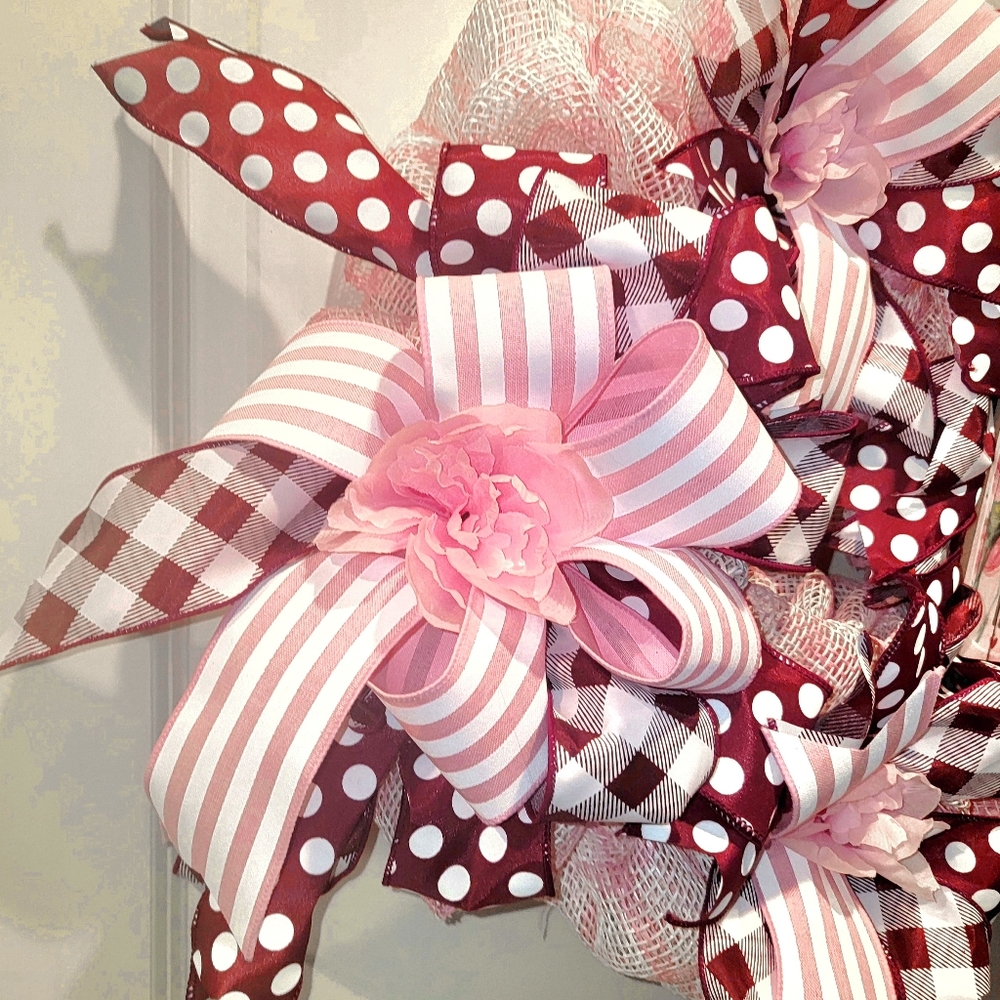 Mother Daughter Wreath Deco Mesh Bow Butterflies Pink Burgundy - Picture 5 of 9